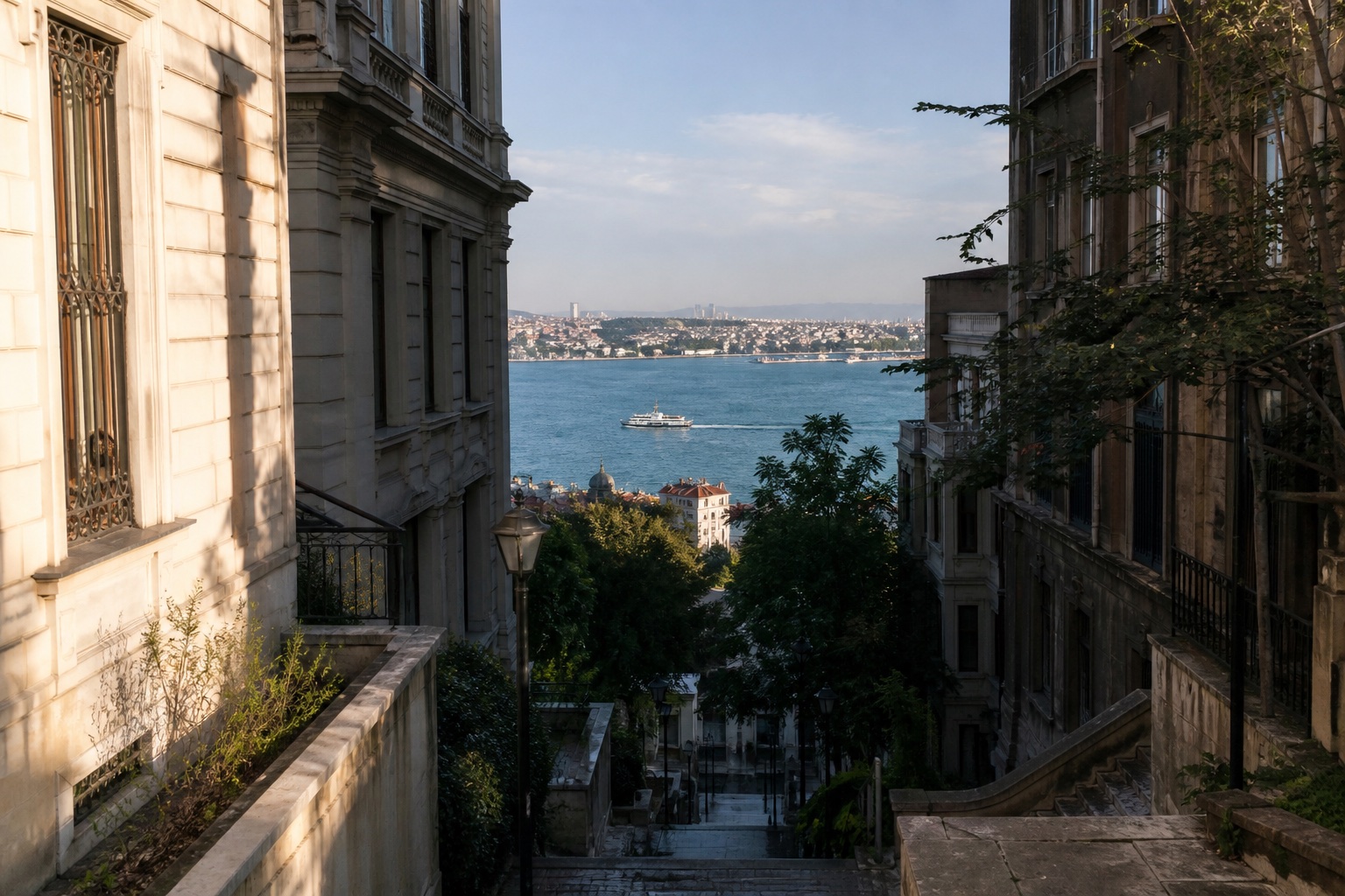 Gümüşsuyu'nun tarihi merdivenleri arasından Boğaz görünümü