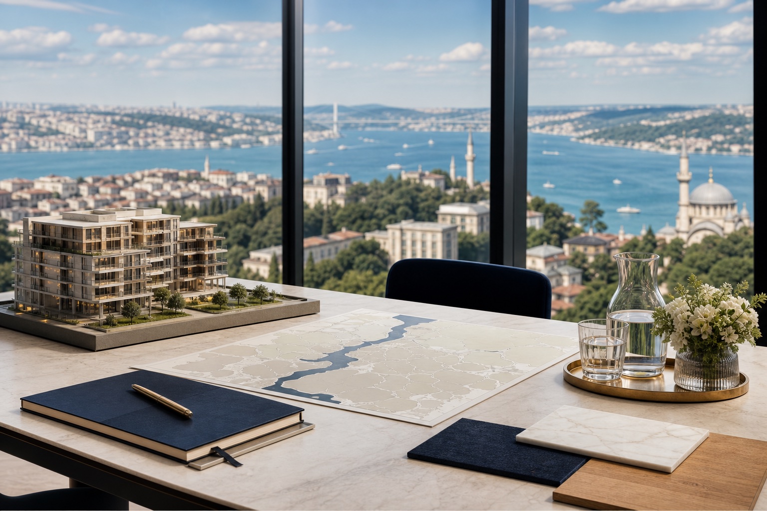 Boğaz manzaralı İstanbul gayrimenkul danışmanlığı çalışma masası